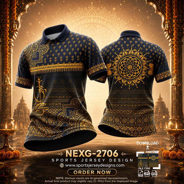 NEXG-2706 NAVY BLUE AND GOLD PATTERN GANESHA FESTIVAL JERSEY DESIGN